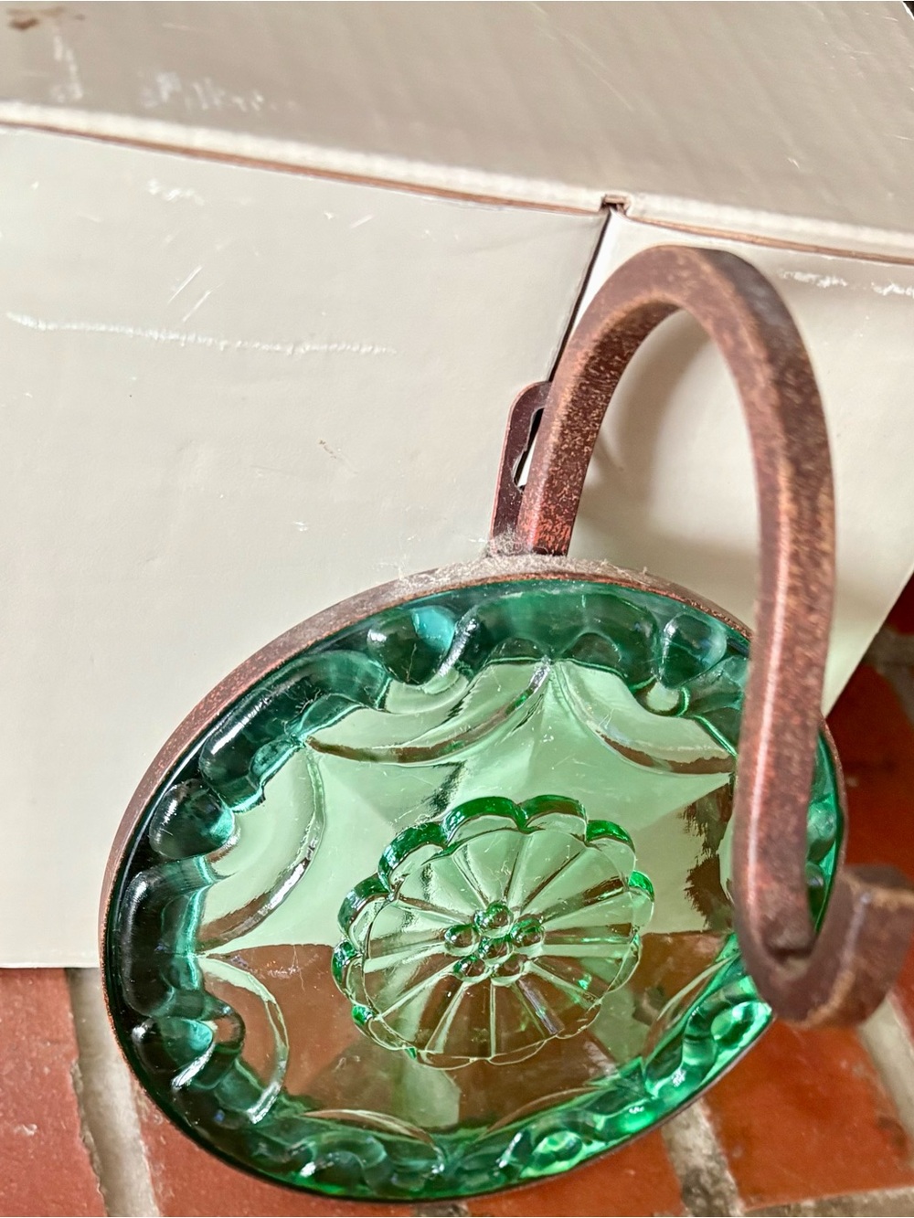 Retired PartyLite La Rosetta hanging lantern Metal & Green Glass Rustic Floral - Picture 10 of 11